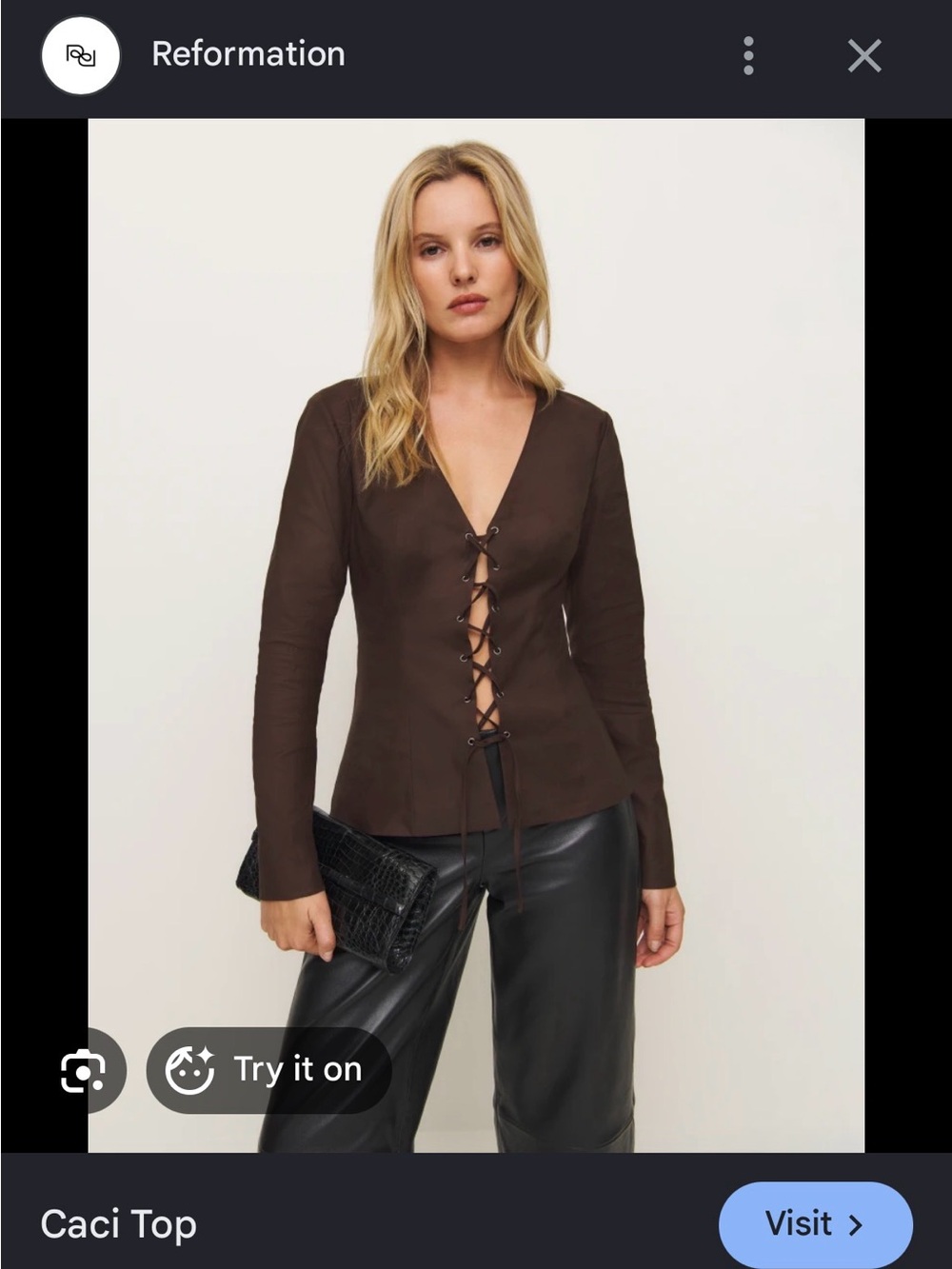 Reformation Brown Caci V-Neck Long Sleeve Top